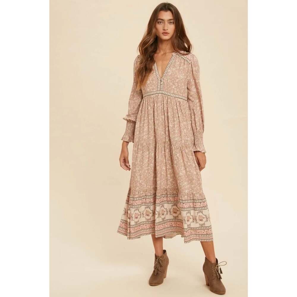 Bohme Floral Maxi Dress Women’s L Pink Boho Long Sleeve Empire Waist Rayon